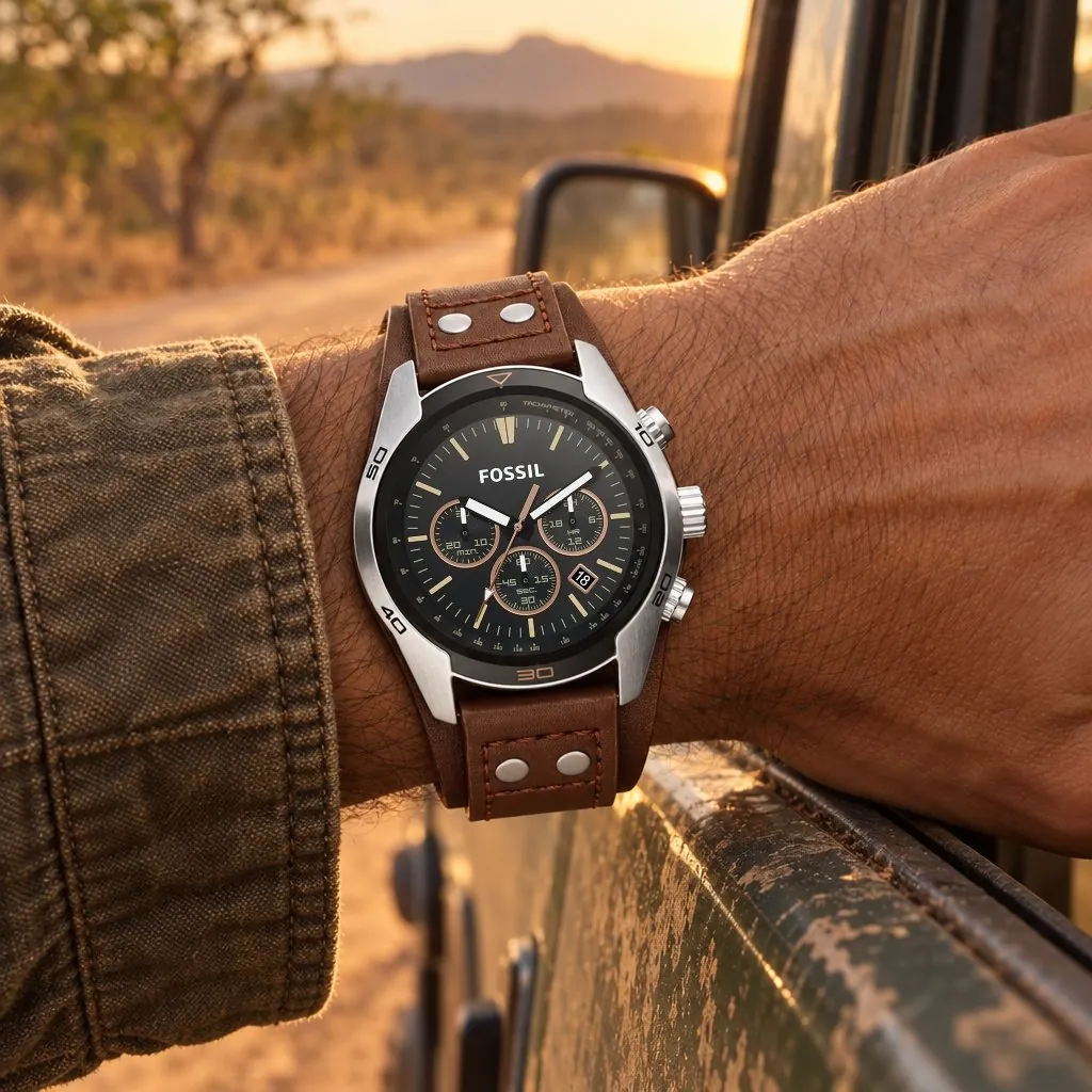 Fossil Coachman cronógrafo, correa de cuero café (CH2891) en la muñeca
